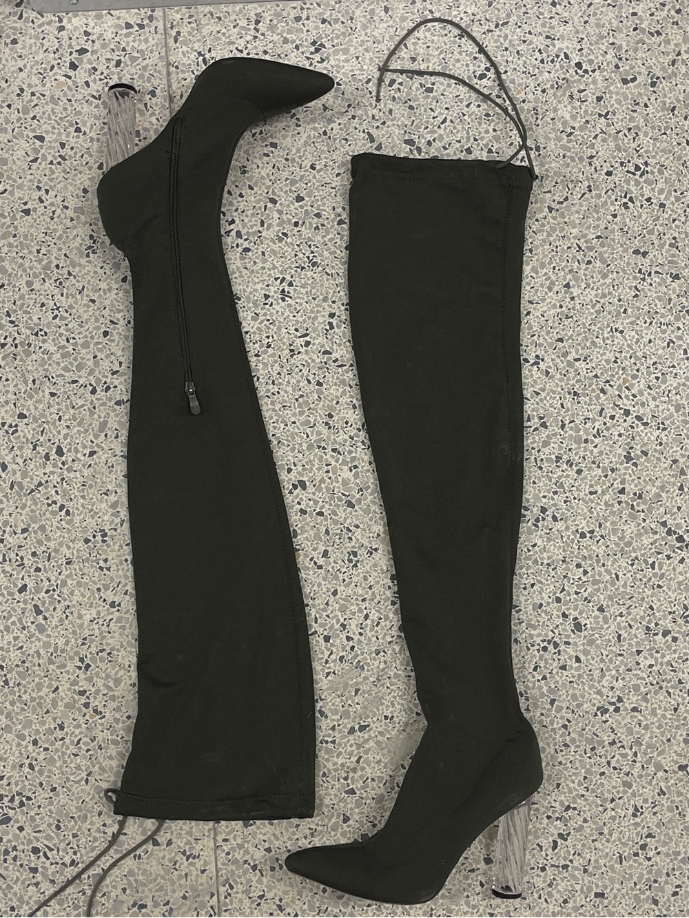 Forest Green Stretch Over‑Knee Sock Boots & Clear Block Heel